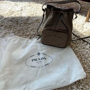 Prada Logo Canvas Bucket Crossbody Bag Tan